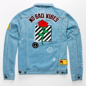 Brooklyn Cloth Blue No Bad Vibes Smiley Face Roses Patchwork Denim Jacket